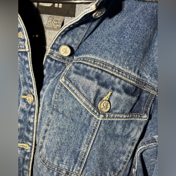 vintage rafaella cropped denim jacket with leather collar, size L - Picture 3 of 7